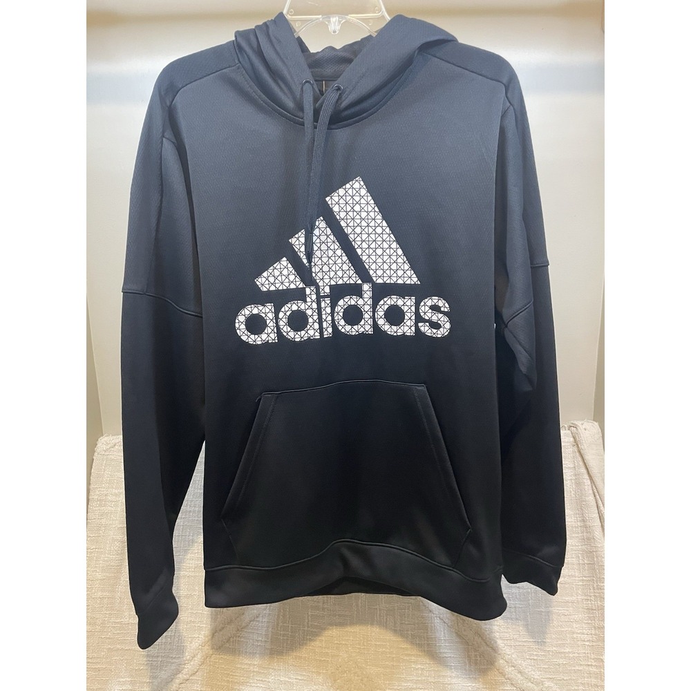 Adidas ClimaWarm Lined Black Pullover Fleece Hoodie Pockets Geometric Logo Men L